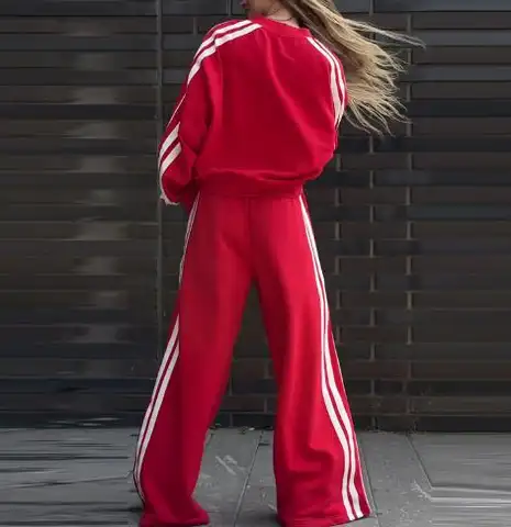 Loose Red Sweatsuit with White Stripes: V - Neck Top and Wide Leg Trousers Set