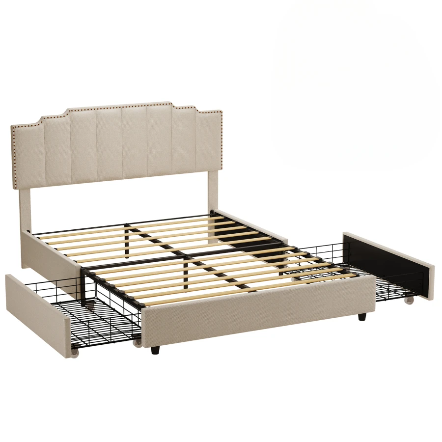 إطار سرير منجد ذو نعل سميك بتصميم مسامير ممتازة بحجم كوين مع لوح رأسي مبطن مخيط، مناسب لغرفة النوم