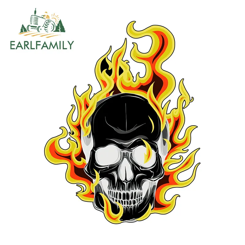 EARLFAMILY Skull With Fire Car Stickers Personality Vinyl Waterproof Decals Cool Suitable Rearview Mirror Guitar Custom Printing