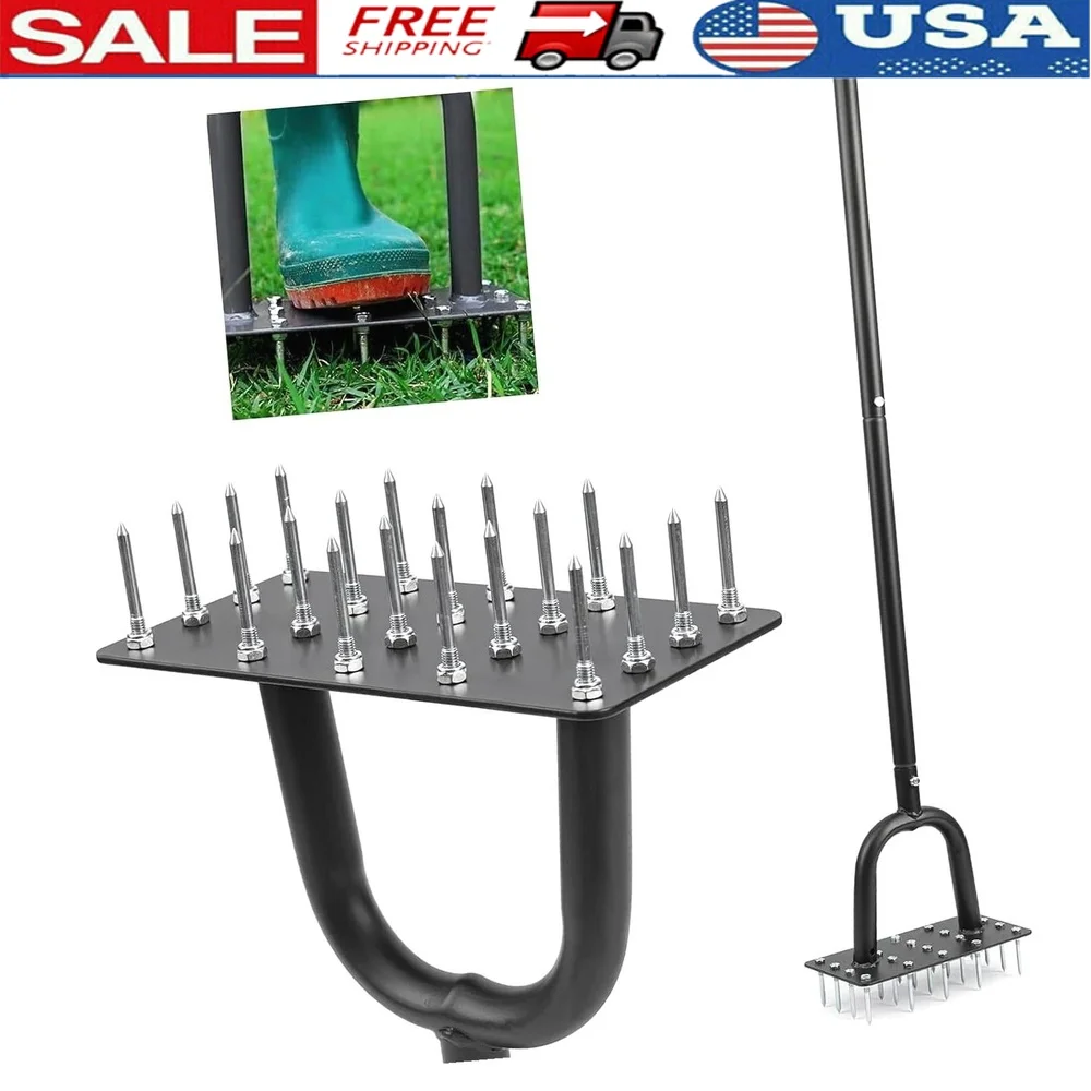 

Manual Lawn Aerator Tool T-Handle with 20 Iron Spikes Wide Foot Plate Soil Loosening Yard Aeration Heavy Duty Steel Construction