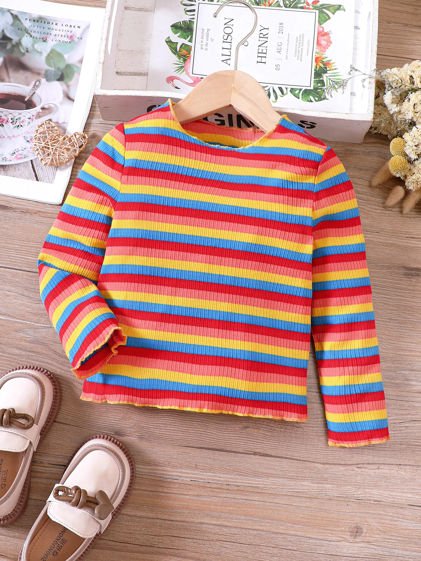 New Spring And Autumn Girls\' Long Sleeved Colorful Striped Pit Striped Bottom Shirt For Primary And Secondary School Children