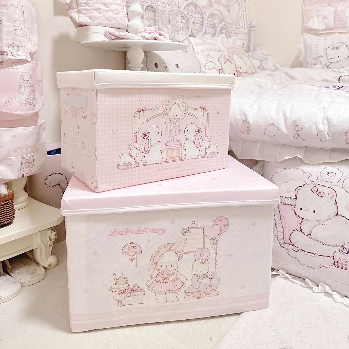 Boîte de rangement non tissée rose mignonne de style japonais avec couvercle - Organisateur anti-poussière pour dortoir et maison