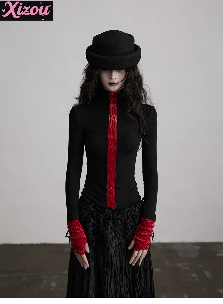 

Черно-красная вязаная облегающая футболка с длинными рукавами, женский топ, осень 2023, новая мода, милый крутой женский топ