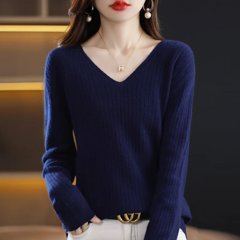 2022 Autumn Winter Warm Cashmere Sweater Women V-Neck Cashmere Sweater Casual Basic Pullover Knitwear