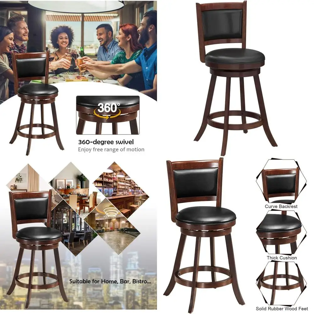 

Набор из 2 поворотных барных стульев, 360 ° Вращающееся кресло с деревянным основанием и подушкой из искусственной кожи, высота 24 дюйма, для столовой и гостиной