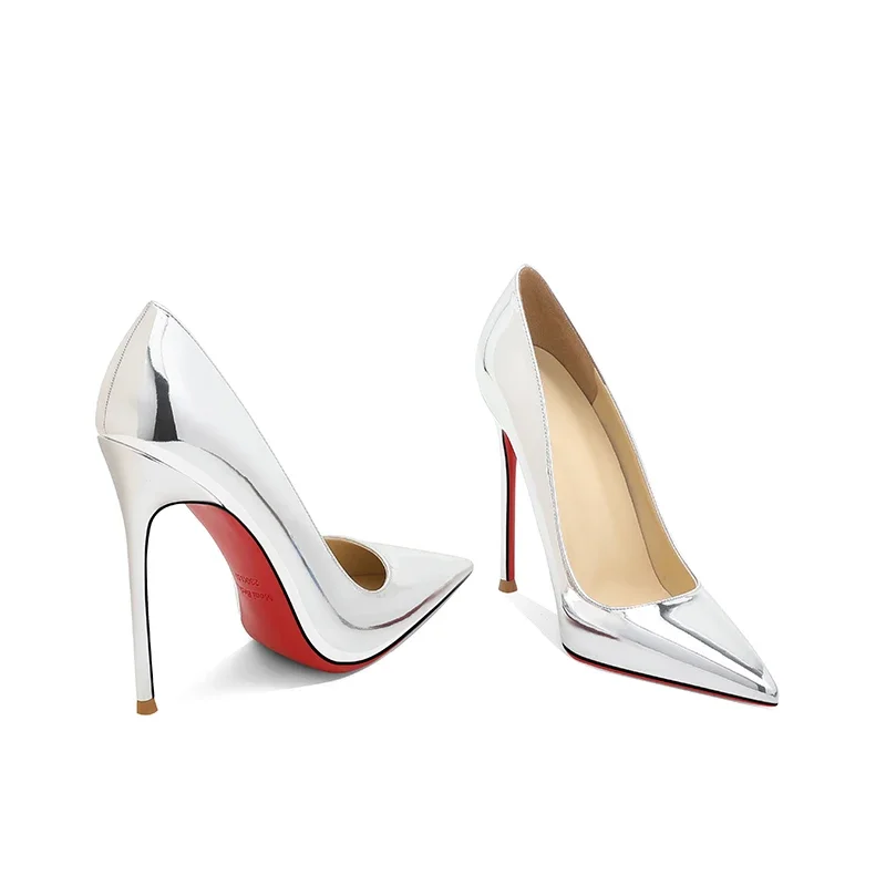 Silver high heels, women's thin heels, new shallow mouthed pointed single shoes, patent leather, large red soled banquet shoes