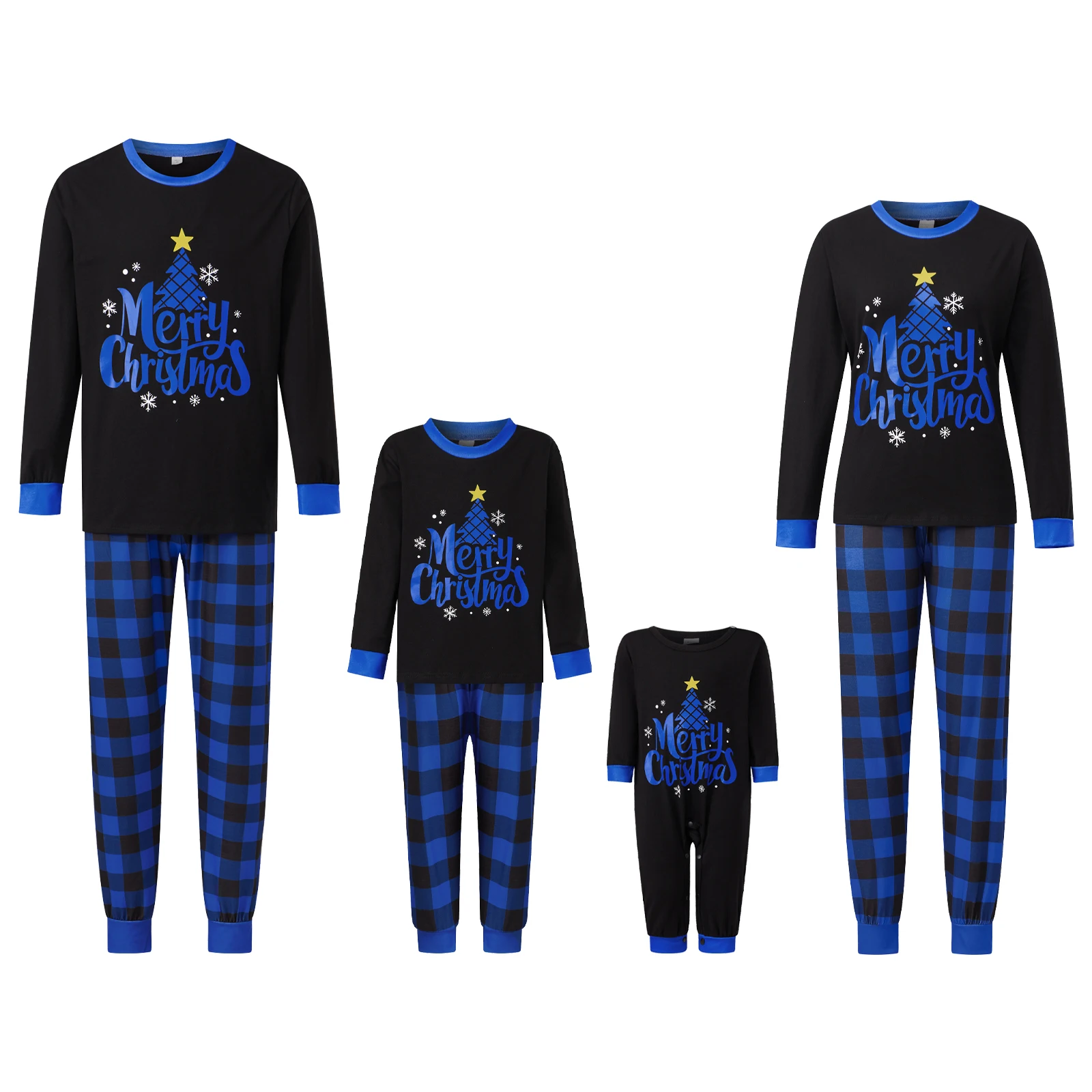 Pijamas navideños a juego para la familia, camisetas de manga larga con estampado de árbol y estrellas + pantalones a cuadros, conjunto de ropa de descanso