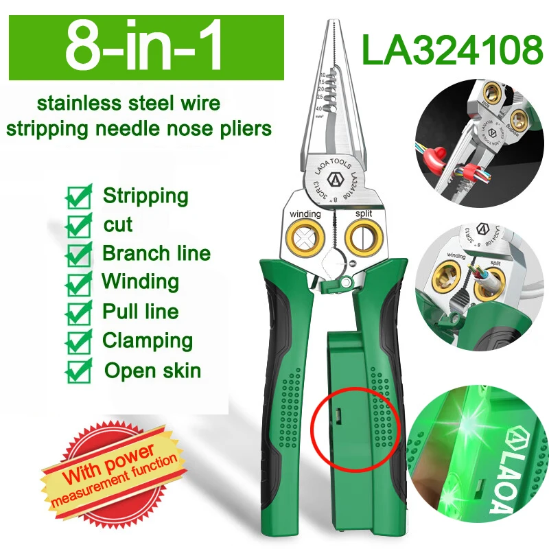 LAOA Electrician\'s pliers, multi-function wire stripper, 8-in-1 stainless steel needle-nose pliers with electrical measurement f