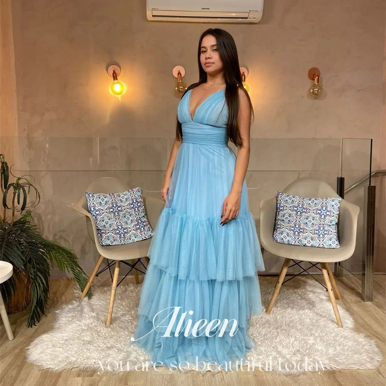 Aileen Multi-layer Light Blue Backless V-neck Wedding Dress Women Elegant Party Brand Dresses for Formal Occasions Prom Gown