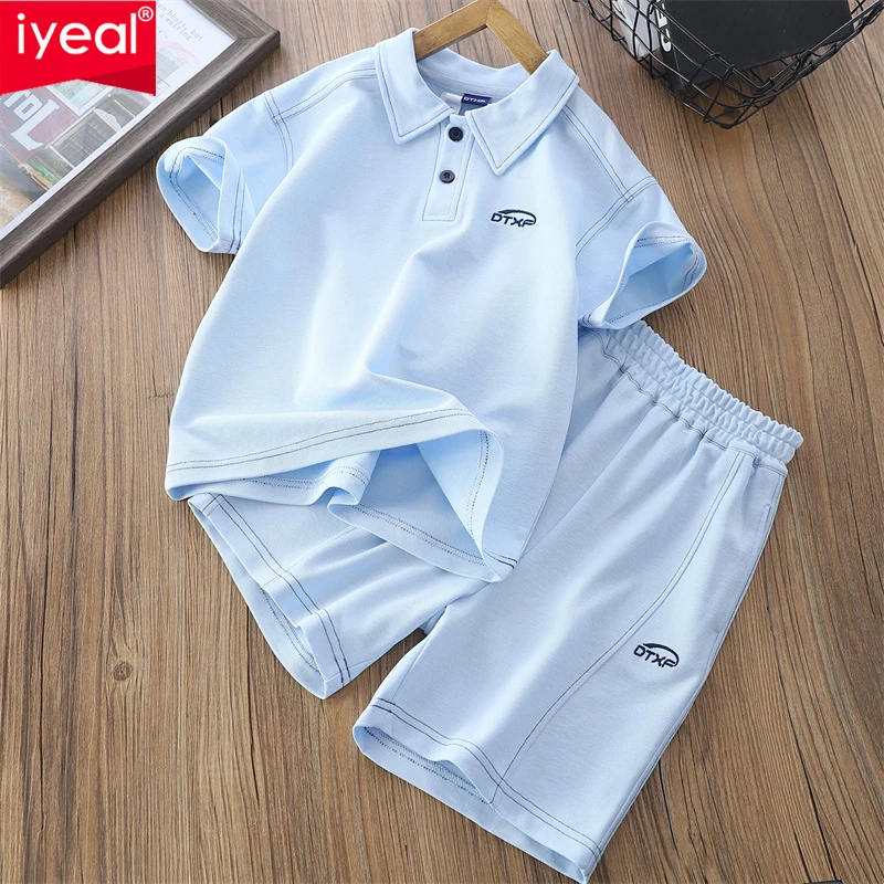 IYEAL Children's Summer Set Short Sleeved Shorts 2Pcs Boys' Solid Color Lapel Polo Shirt Korean Version Children's Clothing