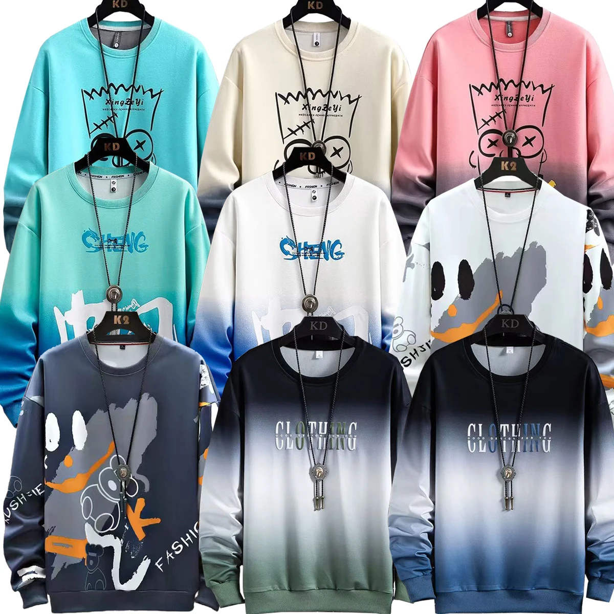 

Men's Round Neck Long Sleeved Fashionable Printed Gradient Pattern Top T-shirt Young Autumn Winter Couples