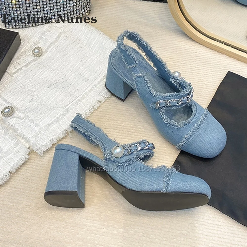 

Denim Pearl Fringe Chain Sandals Round Toe Square Heel Shallow Back Strap Patchwork Women Pumps Blue Side Air Elegant Shoes 2024