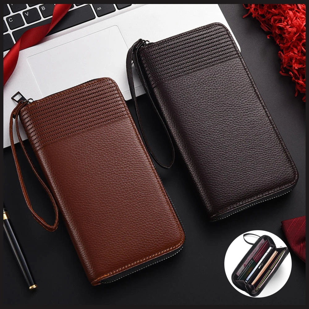 New Color Men`s Long Wallet For Men Rfid Blocking Clutch Organizer Zipper Leather Business Id Credit Card Holder Purse 2024