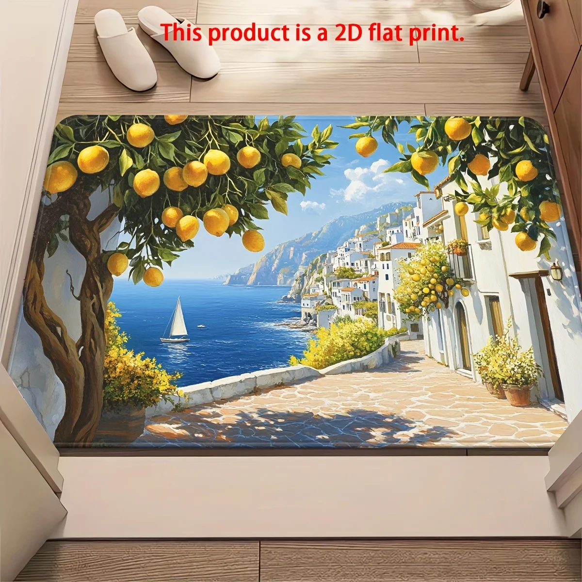 VIKAMA Mediterranean Lemon Tree Scenery Doormat Coastal White Town Ocean Sailboat Print Non‑slip Washable Indoor Entry Mat