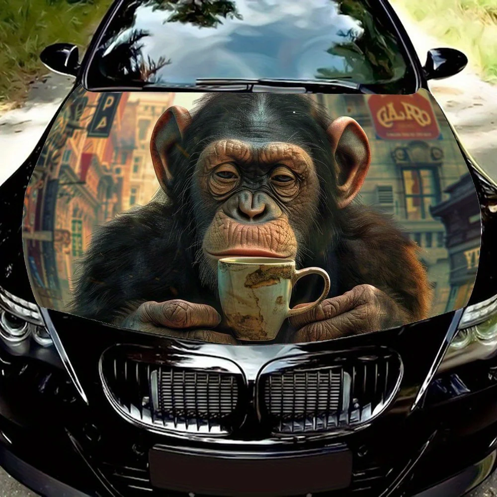 

Whimsical Chimpanzee Car Hood Vinyl Wraps Decal, Auto Exterior Protective Sticker, Waterproof Self-adhesive Car Body Decoration,