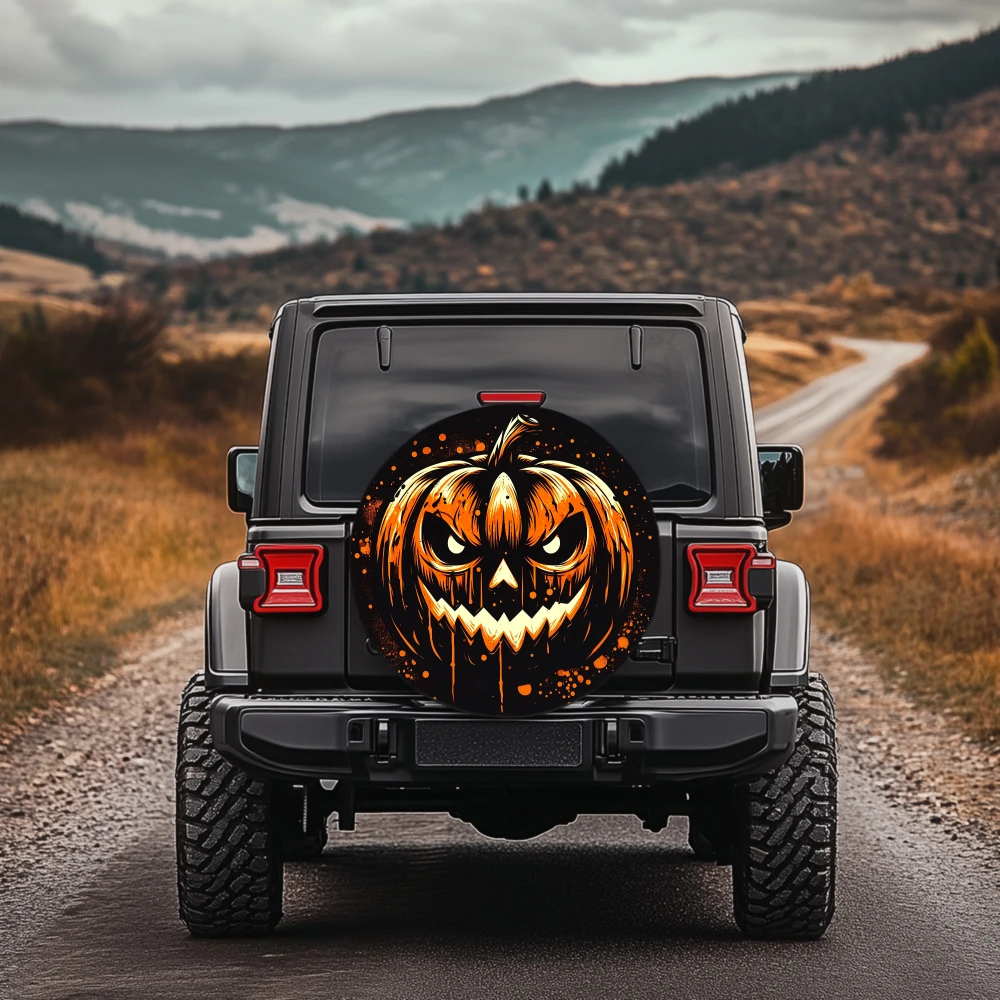 1pc 30/34 Inch Multi Functional Spare Tire Cover For Jeep Trailer RV Offroad Truck Camper Vehicles With Halloween Pumpkin Design