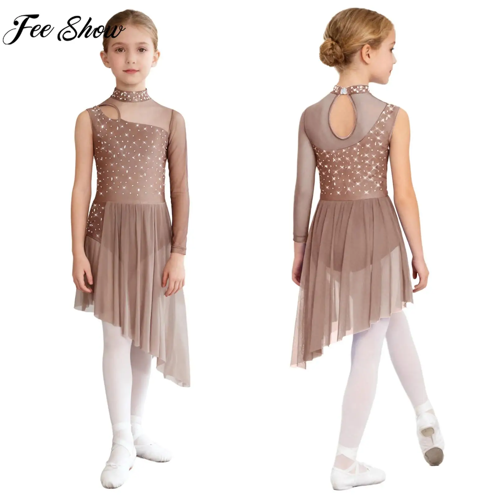 

Детское современное лирическое танцевальное платье для девочек, прозрачная сетка, блестящие трико со стразами, платья для фигурного катания, гимнастики, акробатики, танцевальная одежда