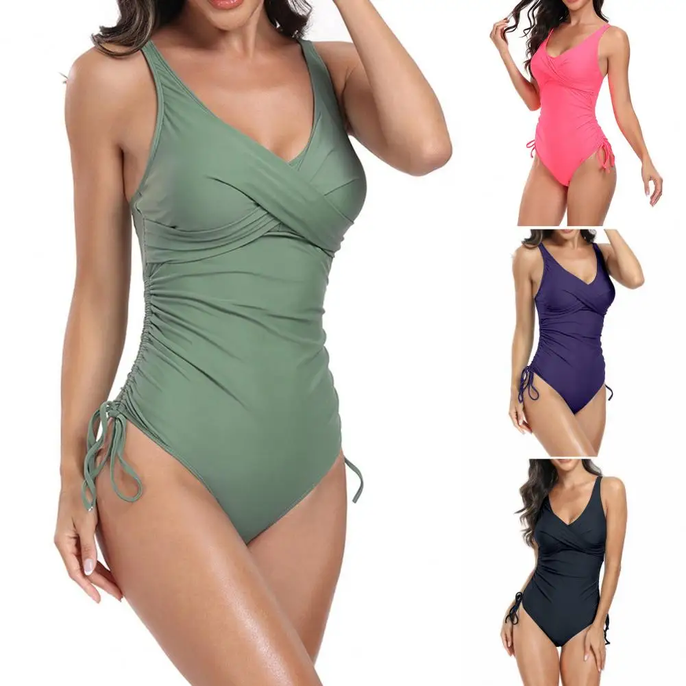 One-piece Women Monokini Skinny V Neck Elastic Bathing Suit Solid Color Quick Dry Drawstring Pleated Padded Lady Beachwear