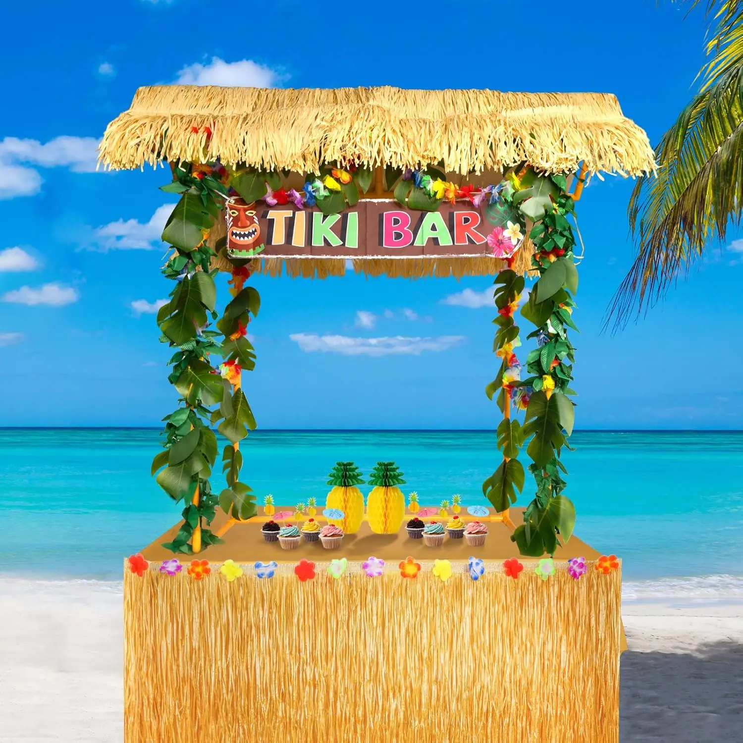 

50 PCS Tiki Bar Hut Kit, Hawaiian Luau Party Decorations with Banner, Roof, Palm Leaves, Flower Garland, Table Skirt