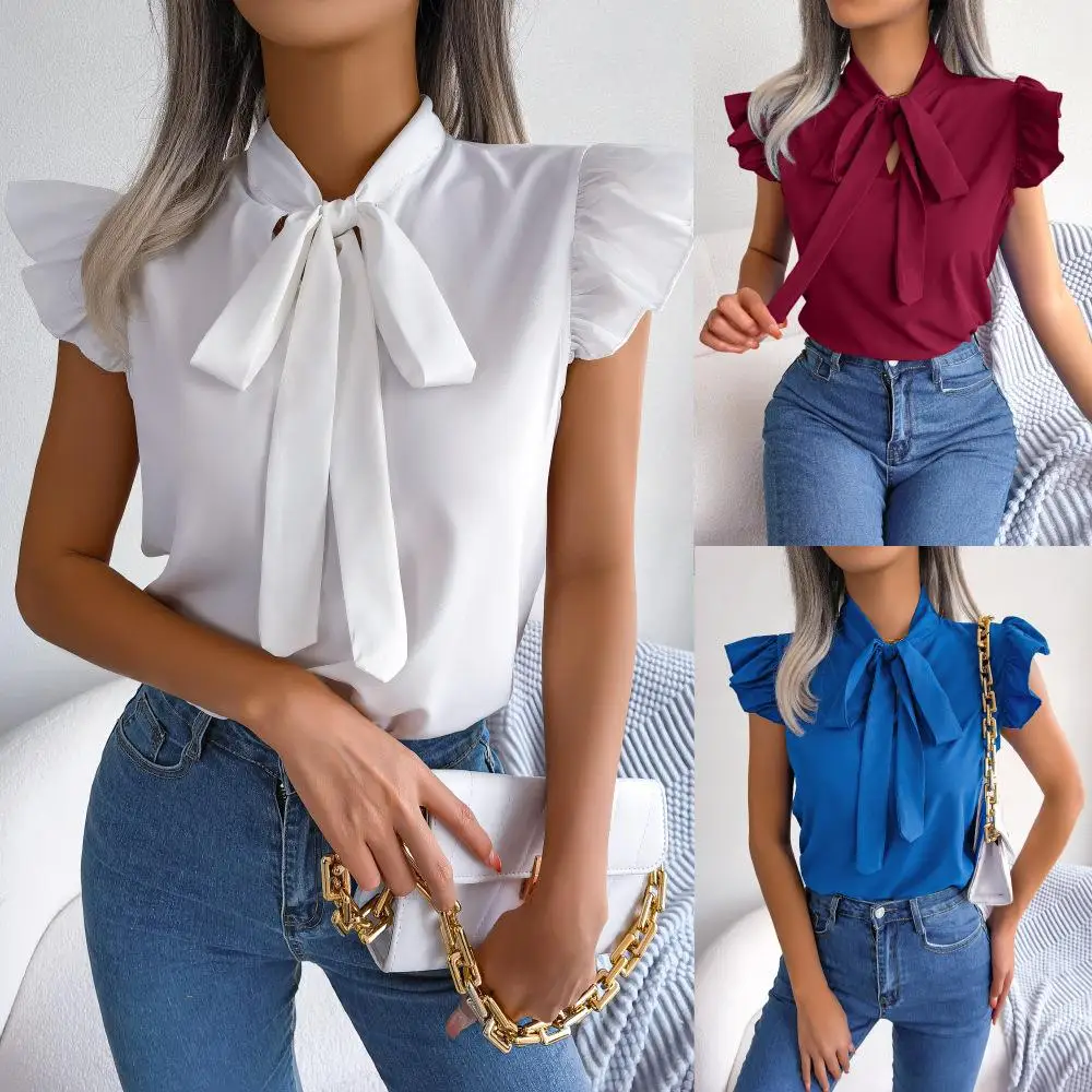 

Ele Spring Summer Chiffon irt with Knot Wooden Bows Cross-Border Women's Faion Autumn Svel
