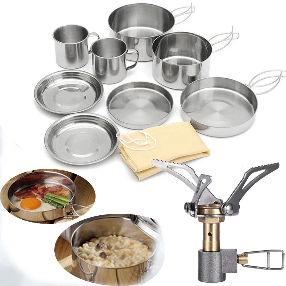 

8Pcs Portable Camping Cookware Set Foldable Handle Lightweight Stainless Steel Pan Set for Hiking Backpacking Picnics Outdoor