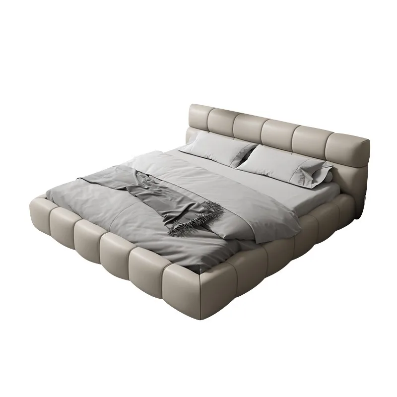 

#Italian Light Luxury Minimalist Modern Cream Inlay Leather Birch Wood Eco-Friendly Soft Customizable Size Queen/KingBed Bedroom