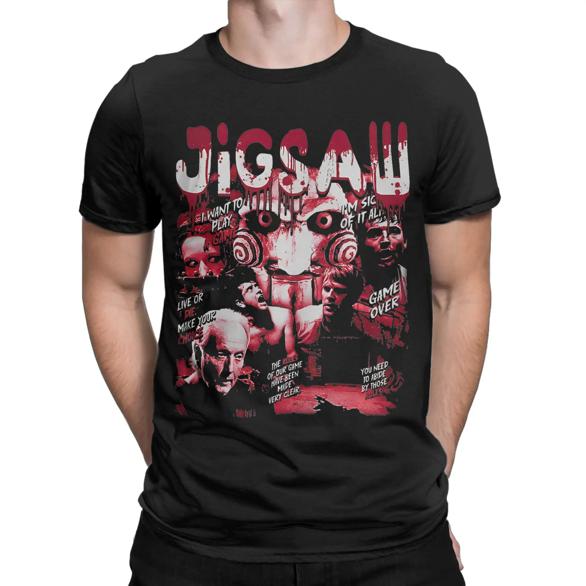 Streetwear Retro Jigsaw Saw T-Shirt Unisex Round Neck Short Sleeve Top Tee Horror Movie Billy 100%Cotton Summer Clothing