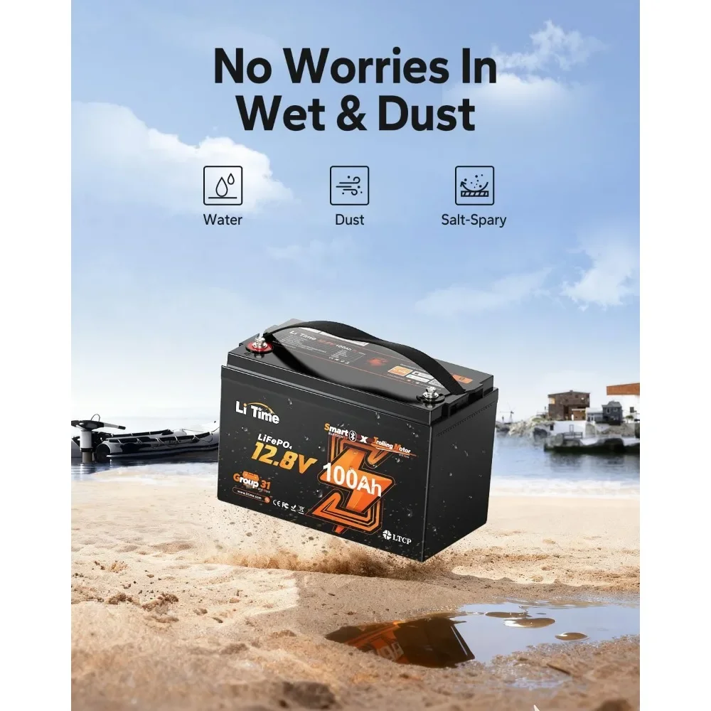 Batterie LiFePO4 pour moteurs de pêche à la traîne 12 V 100 Ah (groupe 31), piles au lithium Bluetooth 12 volts, maximum. 15 000 cycles profonds 100A BMS