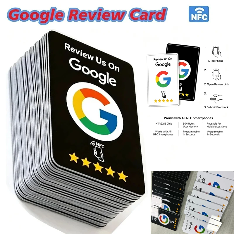 1-200Pcs Black Premium Wear‑Resistant /*Matte Finish Reusable Google Review Tap NFC Card Programmable NFC Tap Card User‑Friendly