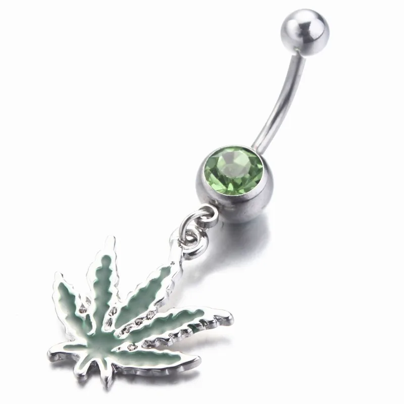 316L Stainless Steel Leaf Belly Button Ring for Women, Green Maple Leaf Dangle Belly Rings Barbell Navel Body Piercing Jewelry