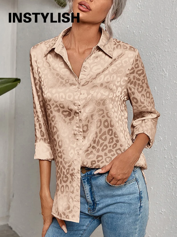 Elegant Office Lady Leopard Print Lapel Blouse Casual Long Sleeve Jacquard Spring Summer Luxury Shirt Vintage Oversize Top Tunic