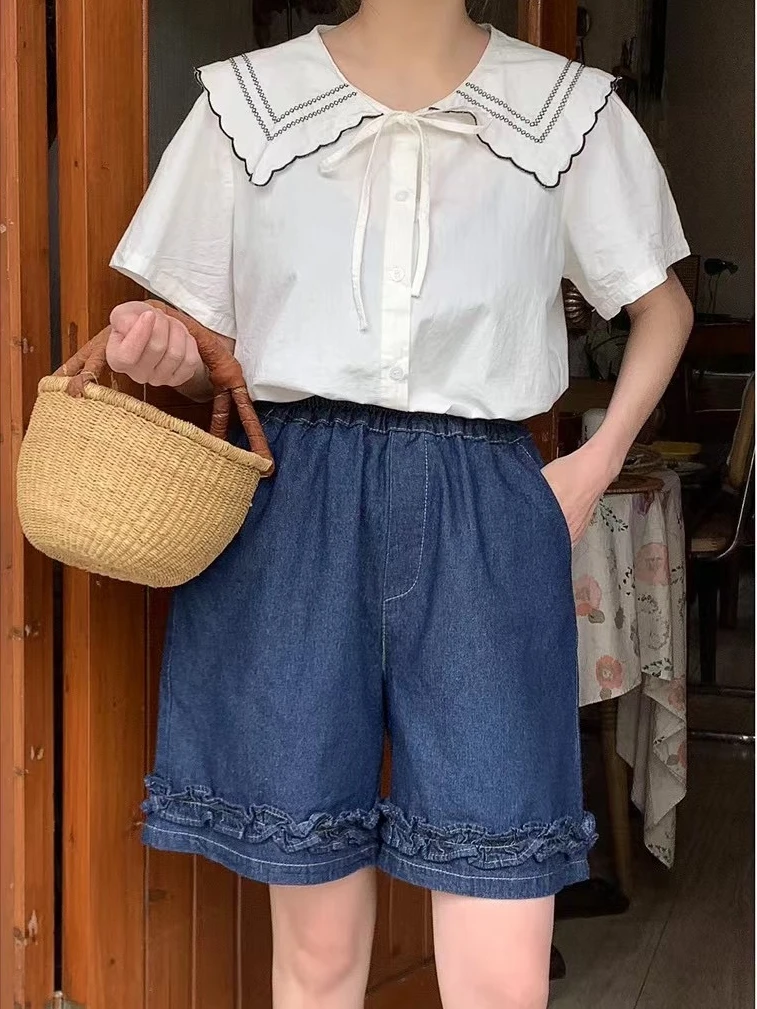 

Джинсы женские с высокой талией, свободные, широкие штанины, летние, базовые, темно-синие, в японском стиле, для колледжа