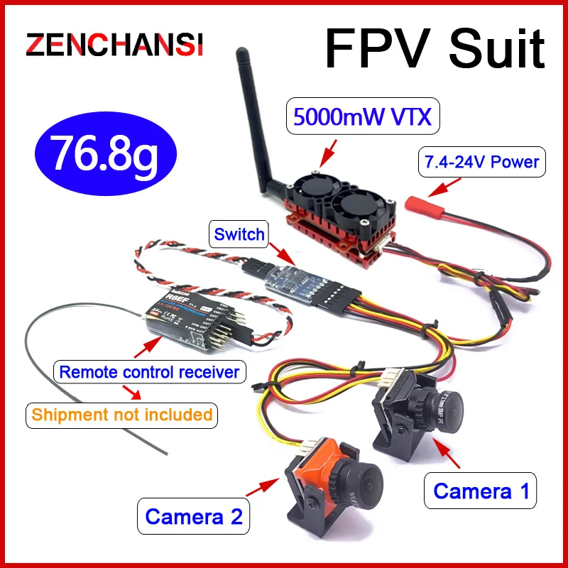 Long Range 5.8Ghz 5W FPV Wireless Transmitter 5000mW VTX with Dual Video CMOS 1500TVL B19 Mini FPV Camera for RC Playing Part