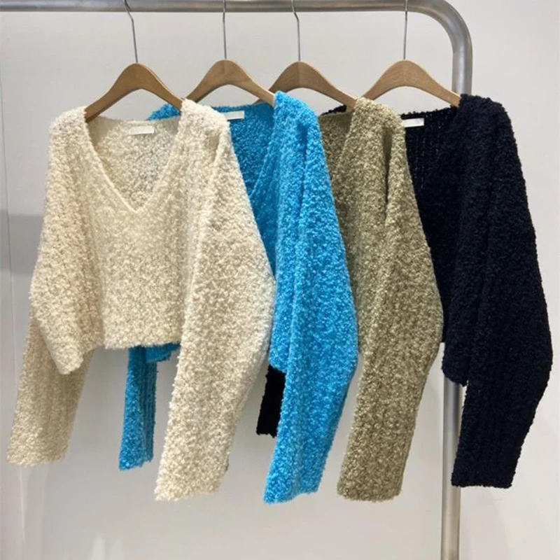 

Korea style loose fitting pullover autumn and winter new solid color temperament versatile fashion v-neck knitted sweater