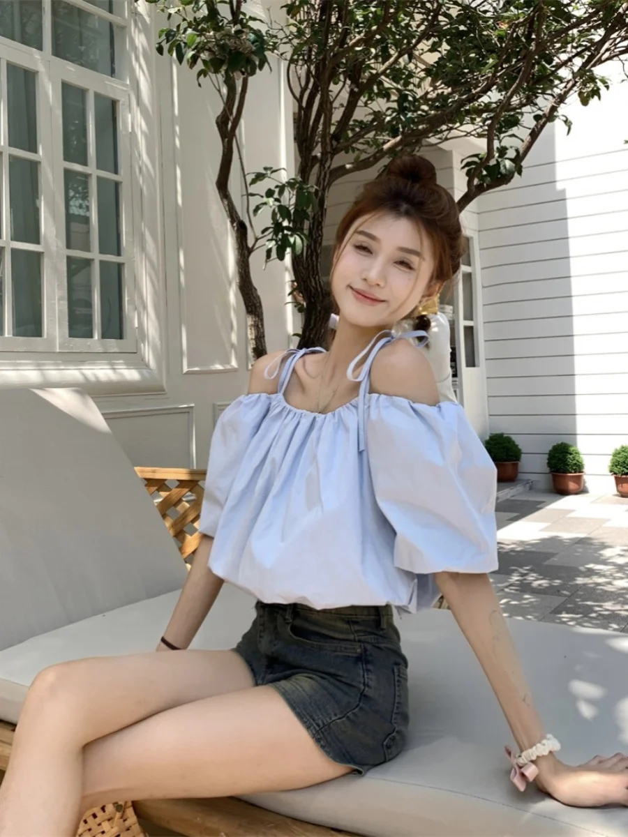 Top Estivo da Donna in Poliestere con Spalle Scoperte, Maniche a Palloncino e Design Casual