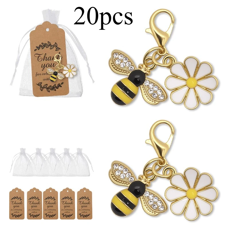 20Pcs Fashion Diamond Inlaid Little Bee Drip Oil Chrysanthemum Keychain Eugen Yarn Bag Blessing Card Independent Packaging Gift