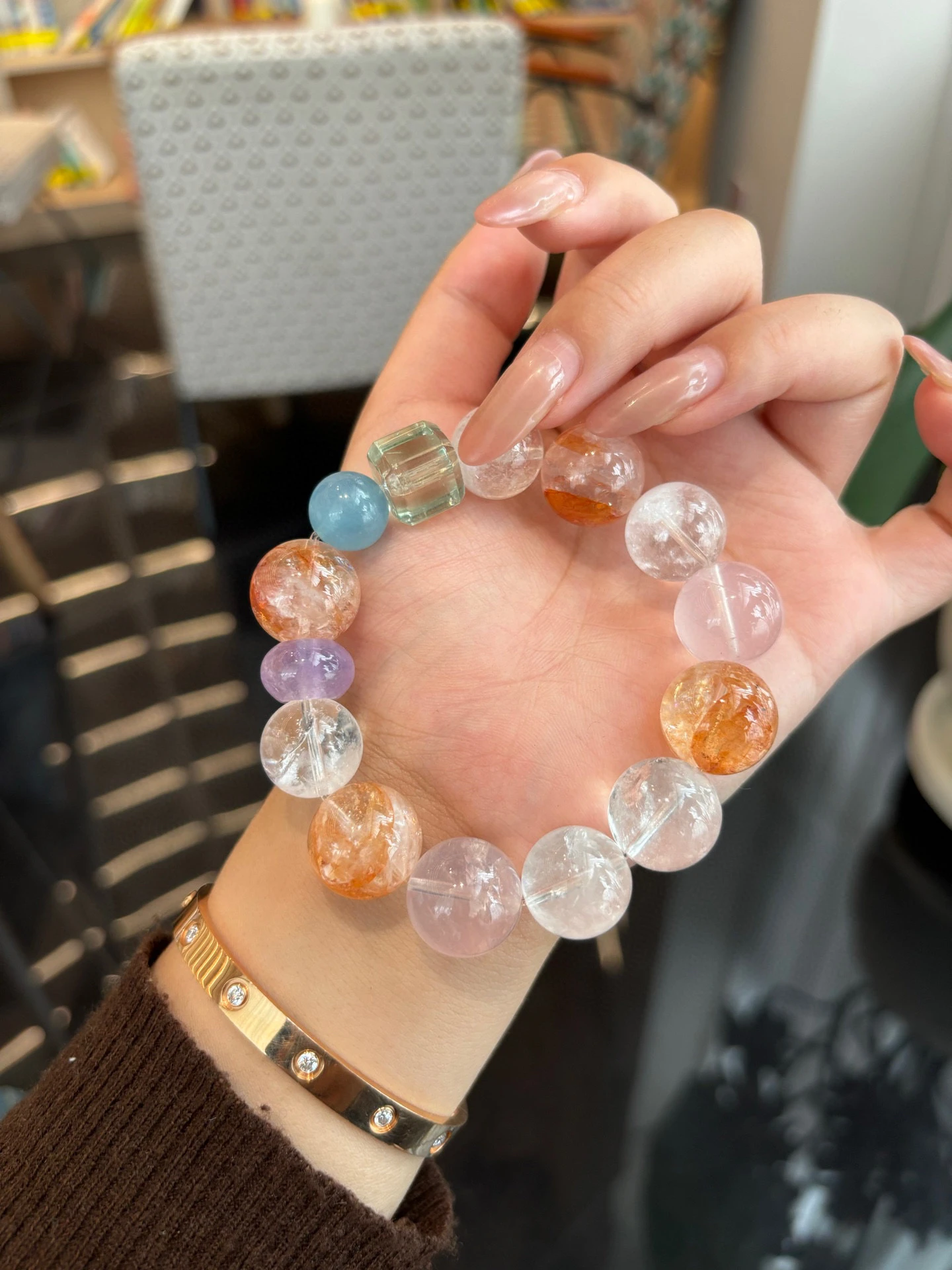 

Natural Multi-Gemstone Bracelet, Aquamarine Red Phantom Green Quartz White Phantom Rose Quartz Amethyst Crystal Energy Jewelry