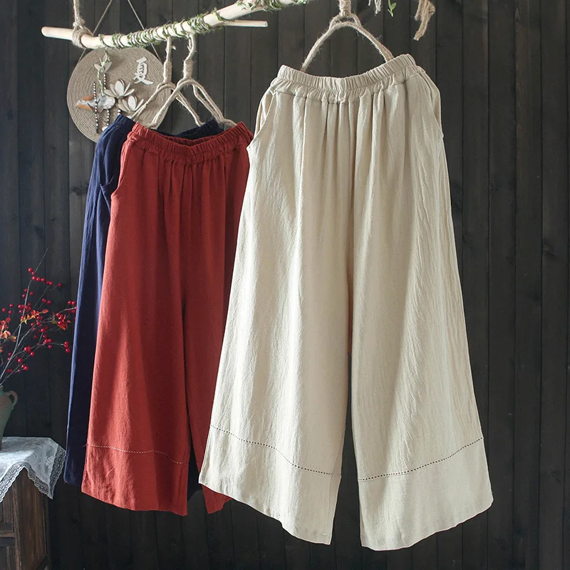 

Loose Fit Wide Leg Cotton Linen Trousers Elastic Waist Straight Stitch Casual Pants mid Waist Summer Thin Single Piece
