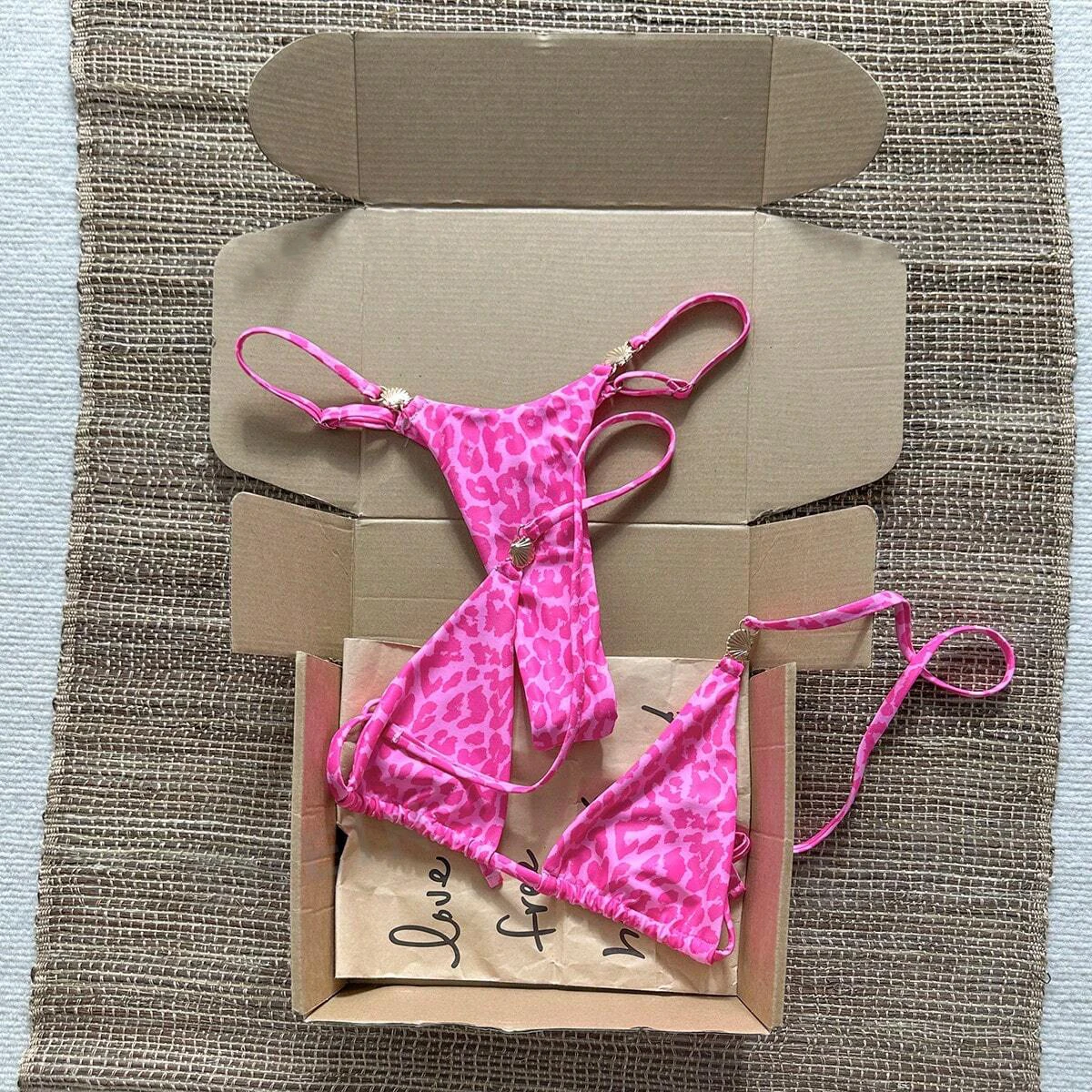 Pink Leopard Print Bikini Set Triangle Tie Back Top Shell Metal Decor High Cut Thong Bottom Women Beach Swimsuit