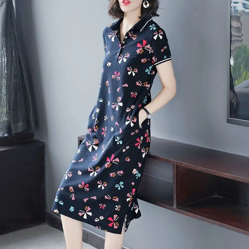 Fashion Lapel Button Pockets Printing Casual Dresses Women\'s Clothing 2024 Summer New Loose Short Sleeve Commuter Midi Dress