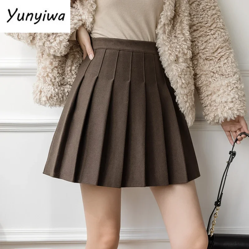 New Winter Woolen Skirt Women Solid High Waist Pleated Mini Skirts Vintage School A Line Falda Plisada Beige Grey Black Brown