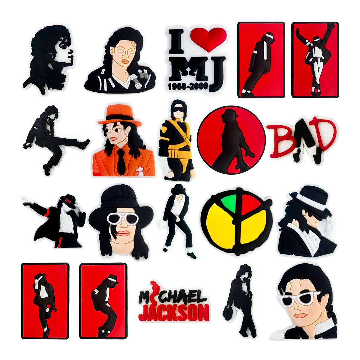 20pcs King of Music Jackson Shoe Charms Cartoon Shoe Buckles DIY Decorations for Sandals & Beach Bags Fashion PVC Accessories