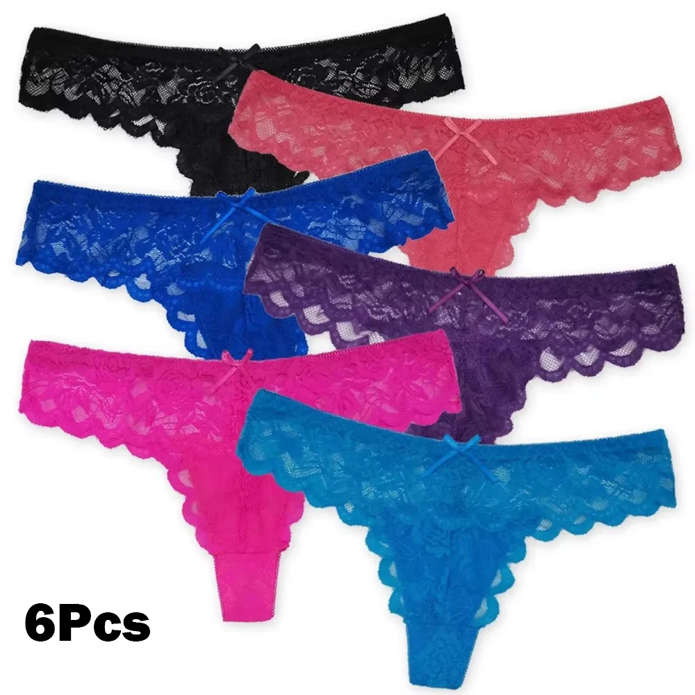 6 uds bragas de encaje Tanga para mujer ropa interior para niñas calzoncillos transpirables ropa interior transparente Tanga para mujer lencería Sexy con espalda en T para mujer