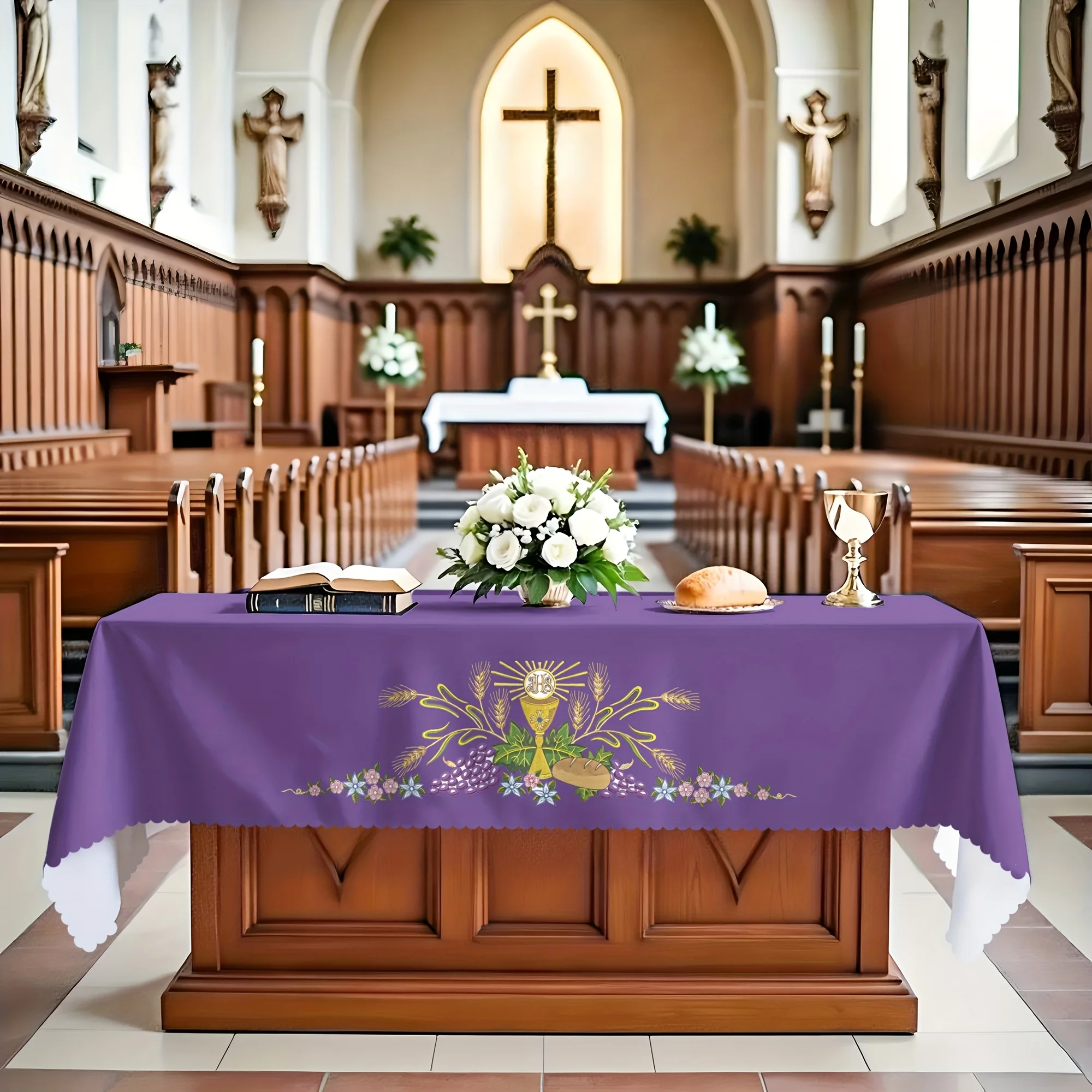 VIKAMA Purple Church Altar Tablecloth Holy Communion Pattern Rectangular Table Cover Religious Chapel Decor