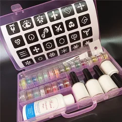 Kit de poudre scintillante pour tatouage temporaire, colles, pinceaux, modèle creux, visage d'enfants, manucure bricolage, nail art, couleurs scintillantes