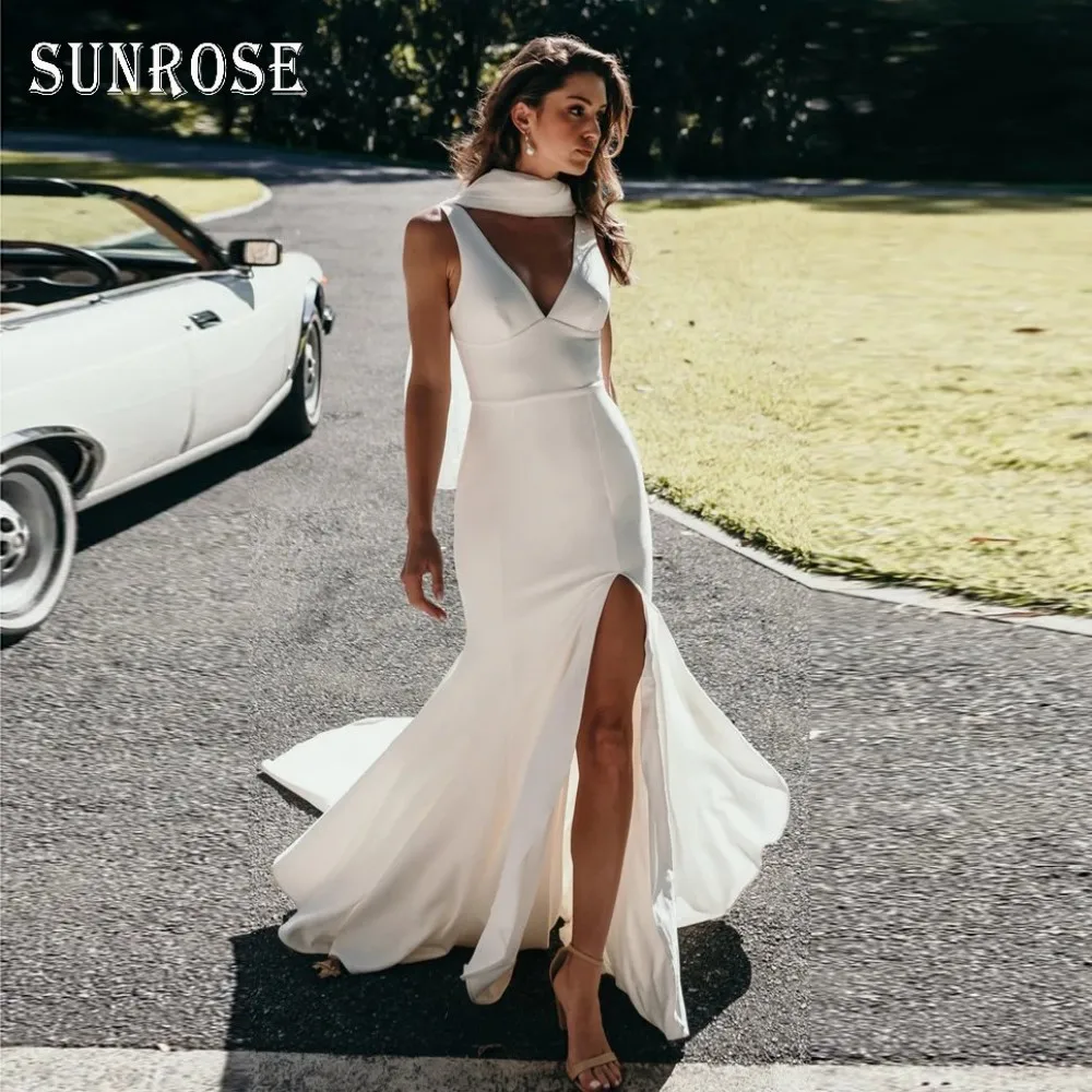 SUNROSE Boho Wedding Dresses Mermaid With Side Slit Backless Soft Satin Simple Plain Bridal Gowns Rustic Bride Dress Customized