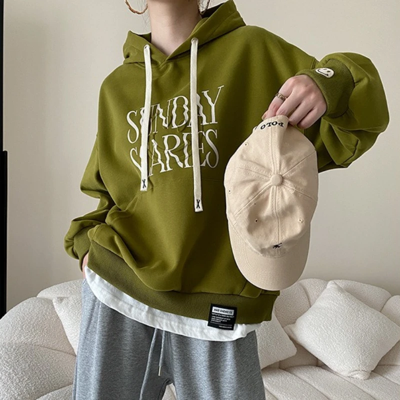 

Sweatshirts Women Two Fakes Hooded Full Sleeve Print Y2k Streetwear Elegant Splice Knit Casual Loose Work Autumn Winter 2025