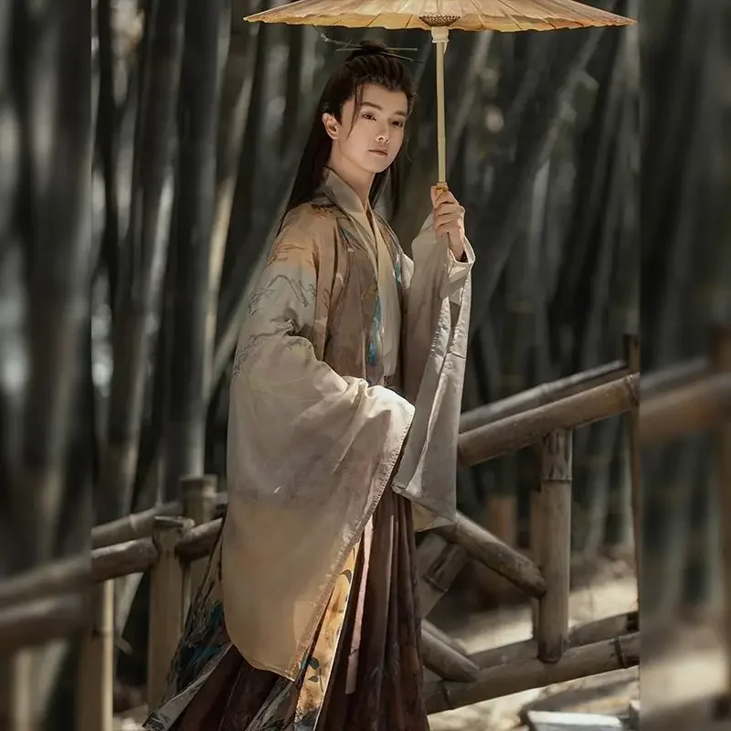 طقم تصميم Hanfu Wei Jin للرجال ، هانفو صيني تقليدي ، أكمام كبيرة ، توب مطبوع بياقة ، تنورة خصر كامل ، الربيع والصيف