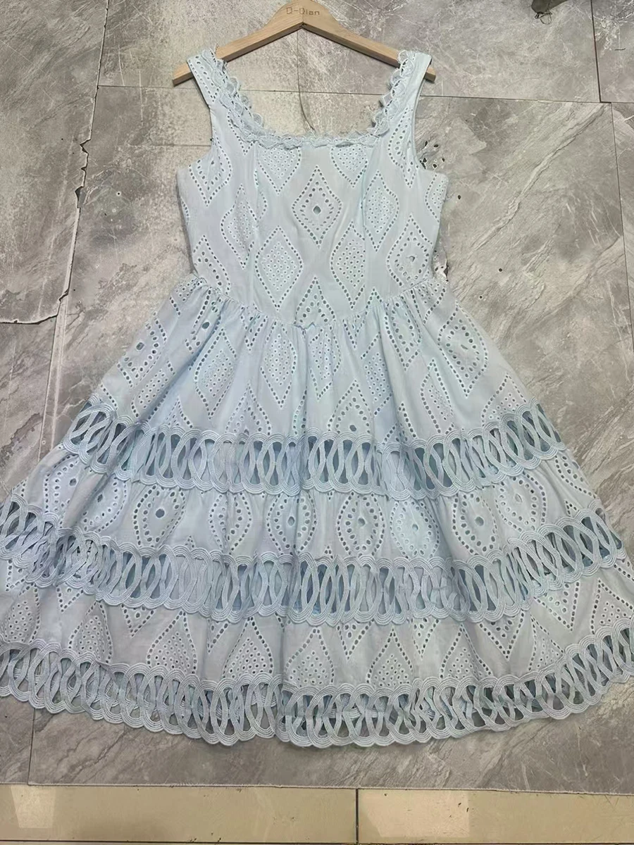 VGH Black Lace Hollow Out Temperamnet Dress for Women Square Collar Sleeveless High Waist A Line Embroidery Short Dresses Female