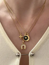 GHIDBK Stainless Steel Detachable 2-in-1 Women's Necklace Foldable Single Irregular Cross Horseshoe Pendant Brass Accessories